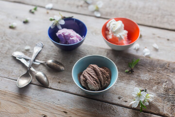 ice creams on a wooden table 