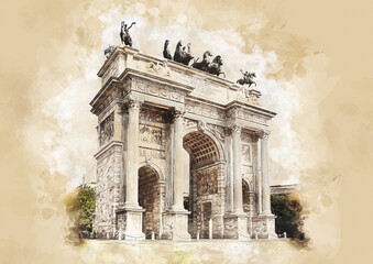 Arch of Peace in Sempione Park sketch drawing, Milan, Lombardy, Italy. Arco della Pace aka Porta Sempione in Milan.