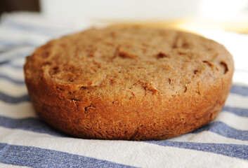 Freshly baked homemade whole grain bread. Round loaf
