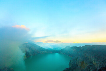 Panoramic view of Kawah Ijen Volcano at Sunrise. The Ijen volcano complex is a group of stratovolcanoes in the Banyuwangi Regency of East Java, Indonesia