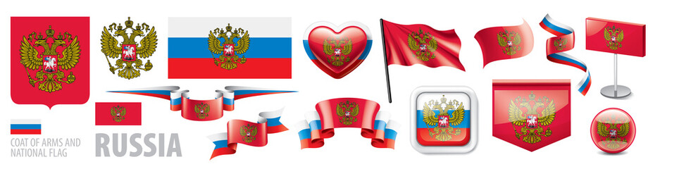 Vector set of the coat of arms and national flag of Russia