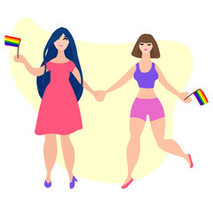 Obraz na płótnie Canvas A lesbian happy couple going to pride parade. Hand drawn vector illustration.