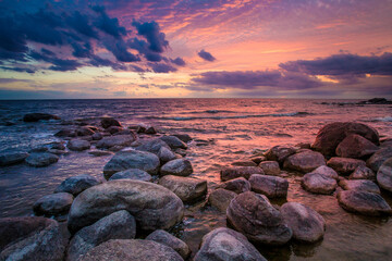 Pskov. Russia. Big stones on the lake. Panorama of Lake Pskov. Lake to the horizon. Pskov nature...