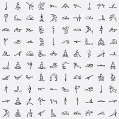 Vector illustration featuring a set of Yoga Pose 100 icons