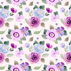 purple green floral watercolor seamless pattern