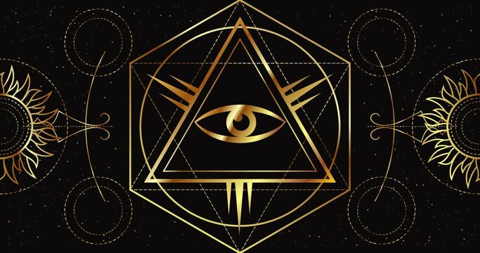 An All-Seeing Eye and a Dollar sign on a black background with a geometric golden pattern. The magical symbol of wealth. Animation loop.