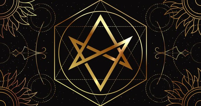 Aquarian Star, or the Unicurs hexagram Mystic Sign on a black background with a geometric golden pattern. The magical symbol of magic and power. Looping animation.