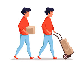 Courier character with parcels in different poses. Delivery service concept. Vector illustration in flat style.