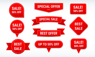 Sale banner and label discount design with red color.