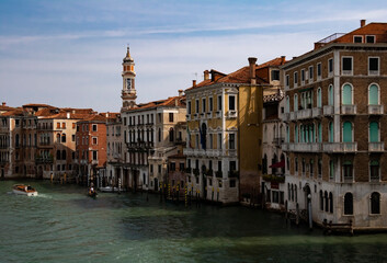 A view of a Venetian canal and old townhouses, Italy.