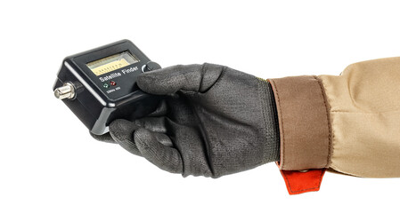 Satellite finder in electrician hand in black protective glove isolated on white background