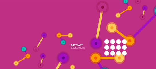 Flat style geometric abstract background, round dots or circle connections on color background. Technology network concept.