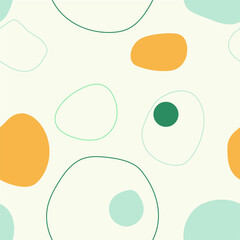 Seamless pattern, bright colours, geometric shapes, bubbles, playful, textile design, minimal.