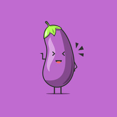 Funny cute eggplant character. Vector flat eggplant cartoon character laughing on something. Isolated on purple background. Eggplant fruit concept