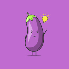 Funny cute eggplant character. Vector flat eggplant cartoon character get an idea. Isolated on purple background. Eggplant fruit concept