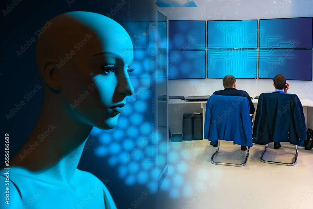 Poster php logo on monitors. concept - creation of artificial intelligence. concept - creating software for