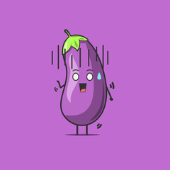 Funny cute eggplant character. Vector flat eggplant cartoon character feeling scared. Isolated on purple background. Eggplant fruit concept