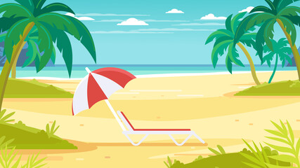 Fototapeta na wymiar Tropical sand background. Beach overlooking the ocean. Ocean, sea. No people. Chaise lounge with umbrella.