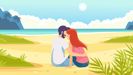 Tropical sand background. Beach overlooking the ocean. Ocean, sea. Couple on seashore. Happy family. Love kiss.