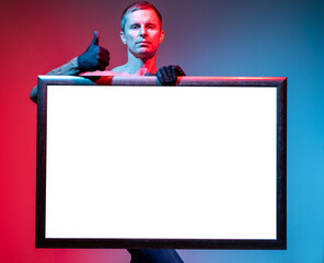 Man showing blank white board