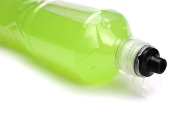 Isotonic energy drink. Sports nutrition. Bottle with green liquid