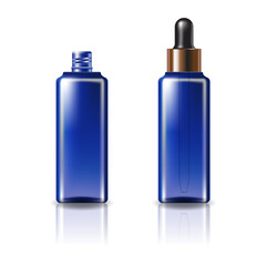 Blue clear cosmetic square bottle with black-copper dropper lid for beauty or healthy product.