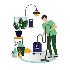 Cleaning. Vector illustration. The concept of ecological lifestyle. Office cleaning, cleanliness. The guy is vacuuming the carpet. Cartoon character.
