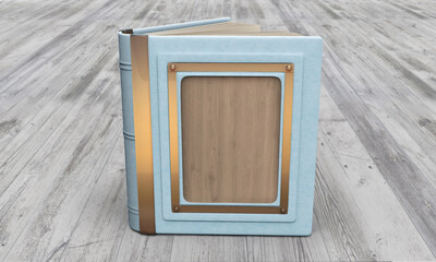 Mockup of an elegant book with a wooden insert. A blue leather open book on a light wooden table.