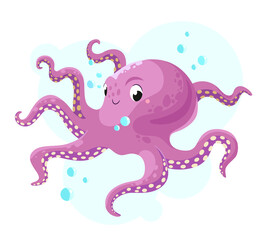 Funny octopus in the sea. Vector illustration.
