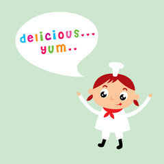 cute little chef girl with delicious greeting vector