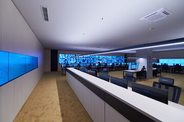 Empty interior of big modern security system control room