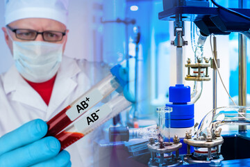 Fototapeta premium Rare blood types. Concept - doctor is looking for a fourth negative blood group. Doctor next to a blood test apparatus. Inscriptions indicate the blood type of a person. AB is positive and negative