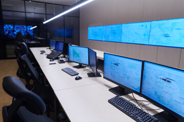 Empty interior of big modern security system control room