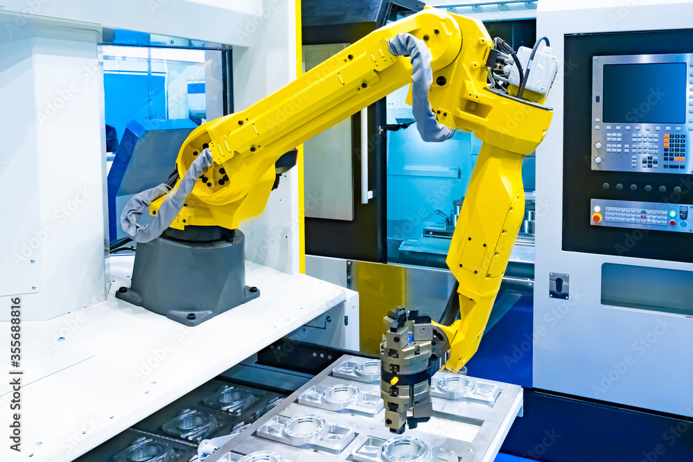 Poster automation of the metalworking process. robot for the production of aluminum products. programmable 
