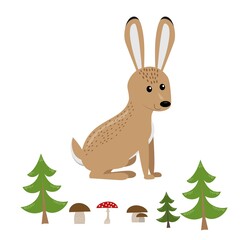 funny smiling standing hare from side with forest elements (tree, mushroom) isolated on white background, cute vector illustration for children