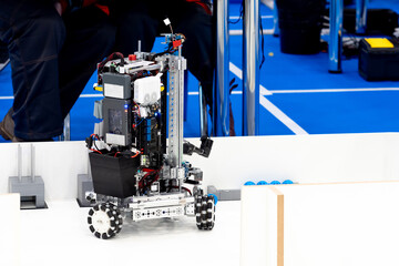 Robotics. Demonstration of the robot. Programmable robot on a wh