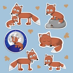beautiful set of stickers of cute baby fox, colorful vector illustration of pup character for children