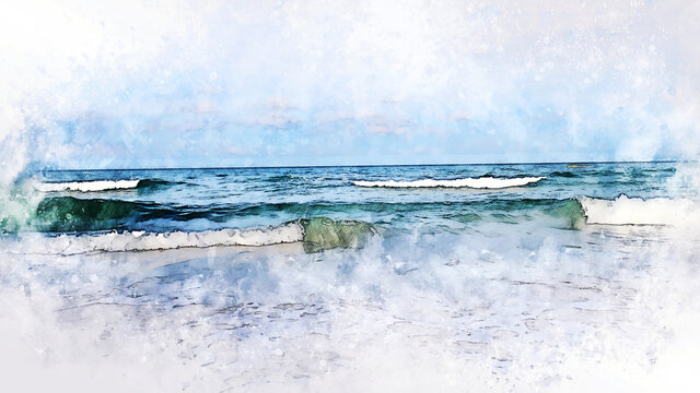 Abstract colorful sea soft wave at Thailand on watercolor illustration painting background.