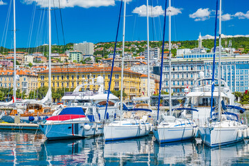 Croatia, beautiful city of Rijeka, yachts and sailboats in marina, seascape and skyline in...