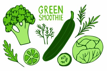 Green Smoothie lettering with doodle vegetables. Handwritten calligraphy text with healthy ingredients sketch isolated on white background. For menu, cafe, restaurant