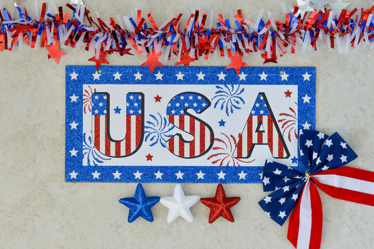 Independence Day July 4th, President's Day, Memorial Day Labor Day, Veteran's Day, Great America. USA sign in the colors of the flag of the United States on a white background with a bow tie and stars