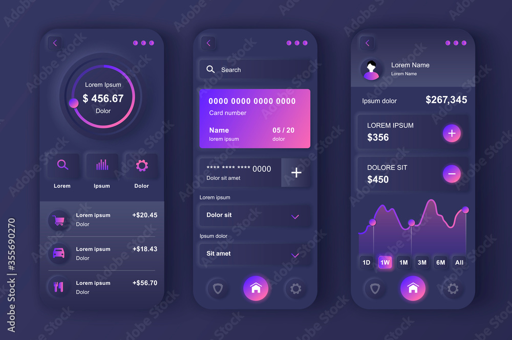 Poster online banking unique neumorphic design kit. personal finance app with transfer funds, pay bills, de