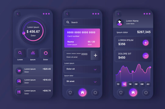 Online Banking Unique Neumorphic Design Kit. Personal Finance App With Transfer Funds, Pay Bills, Deposit Checks. Financial Invest And Manage UI, UX Template Set. GUI For Responsive Mobile Application