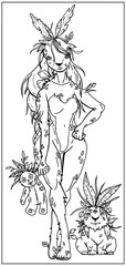 Fairytale character, forest rabbit girl in full growth with loose hair and leaf like ears, long legs and wide hips, holding stuffed toy in her hand, with funny little leafy rabbit sitting next to her.