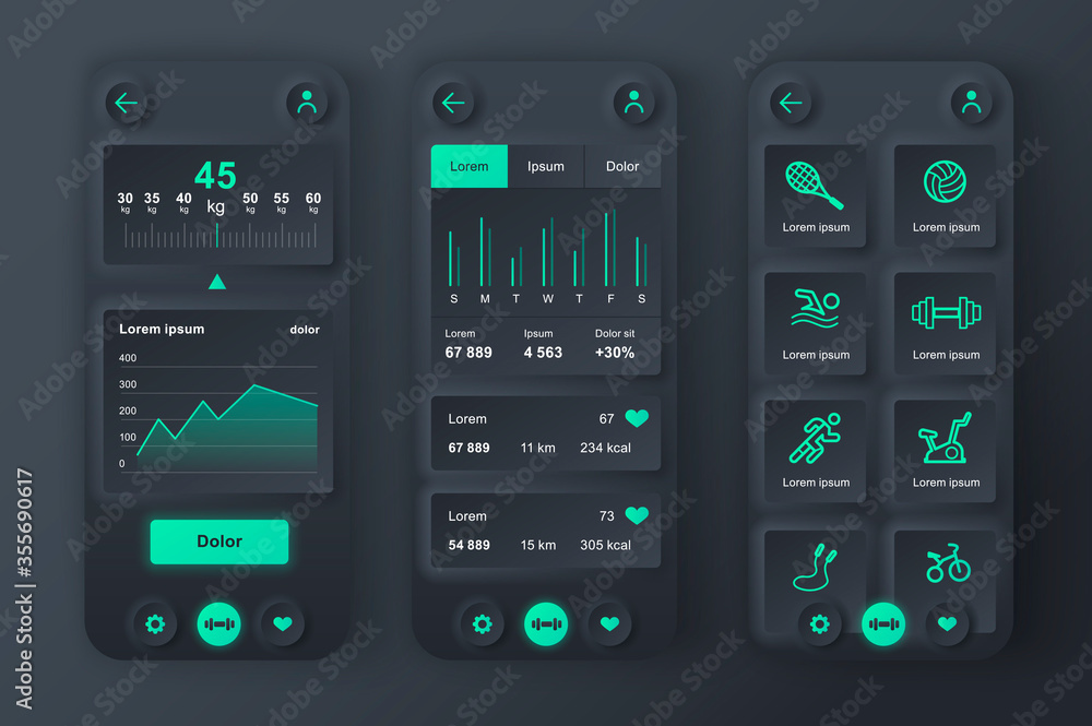 Aufkleber Fitness workout unique neumorphic design kit. Personal fitness program app with with fitness goals and current activity level. Sport planner UI, UX template set. GUI for responsive mobile application.
