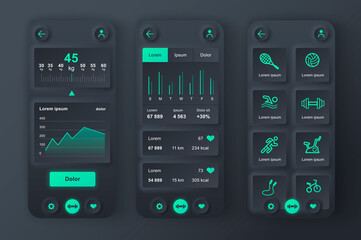 Fitness workout unique neumorphic design kit. Personal fitness program app with with fitness goals and current activity level. Sport planner UI, UX template set. GUI for responsive mobile application.
