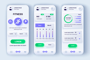 Fototapeta na wymiar Fitness workout unique neumorphic design kit. Personal trainer app with different kinds of strength and cardio training. Sport activity UI, UX template set. GUI for responsive mobile application.