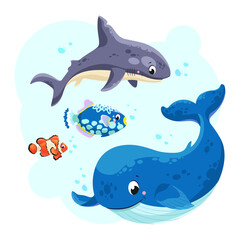 Zeedieren in de zee. Leuke haai, walvis en vis. Vector illustratie.