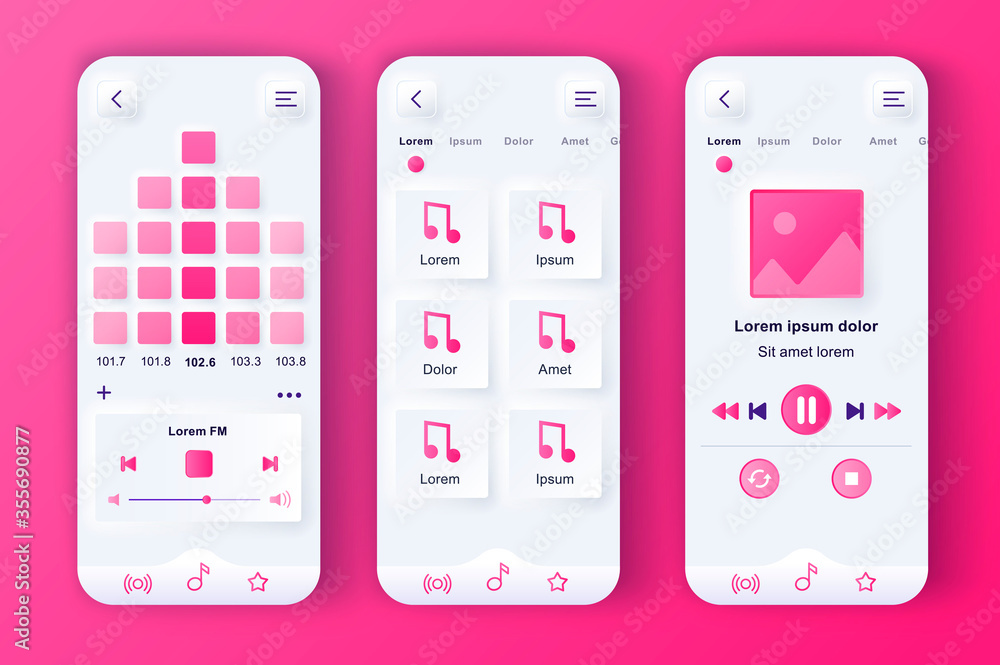 Poster music player unique neumorphic pink design kit. audio app with graphic equalizer, playlist navigatio