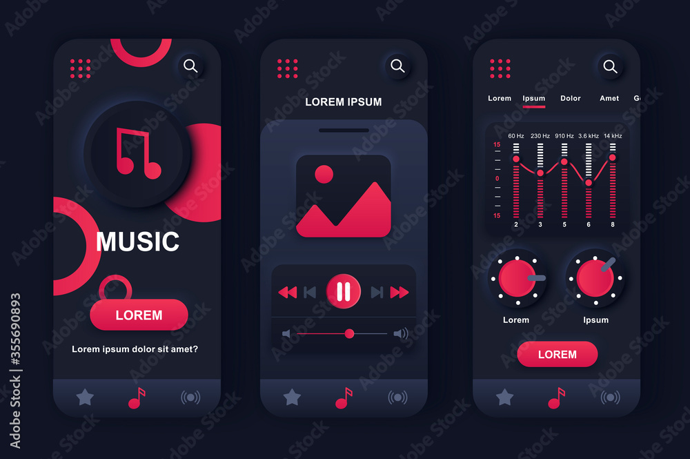 Poster music player unique neumorphic design kit for app. audio player with music tracklist navigation, gra